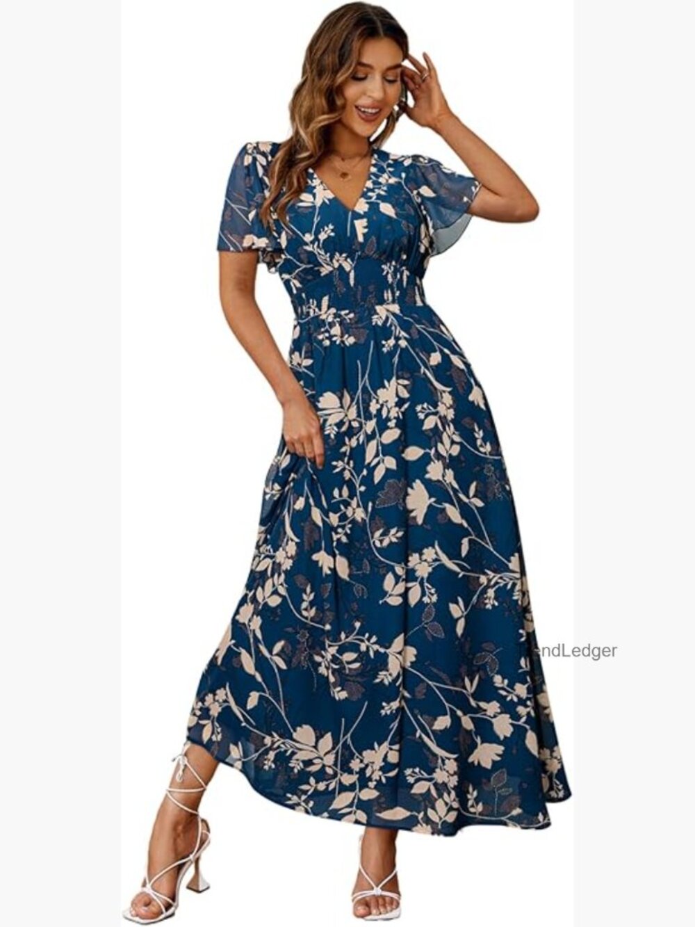 Women's Boho Floral Maxi Dress V Neck Short Sleeve Empire Waist